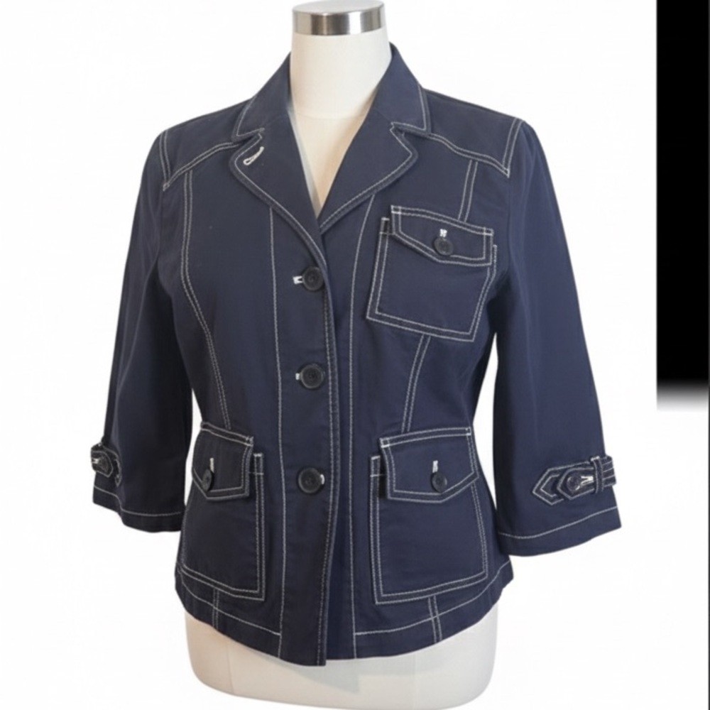 LOFT Petite Dark Blue Blazer with White Contrast Stitching – Size 12P
